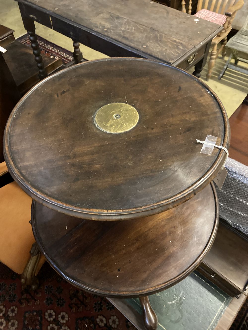 A George III mahogany two tier dumb waiter (cut down), width 55cm, height 79cm